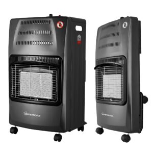 HomeTronix Portable Gas Heater 4200W with 3 Heat Settings – Foldable Indoor Calor Heater with Wheels – LPG, Butane & Propane – Piezo Ignition, ODS & Safety Shut-Off – Includes Regulator & Hose