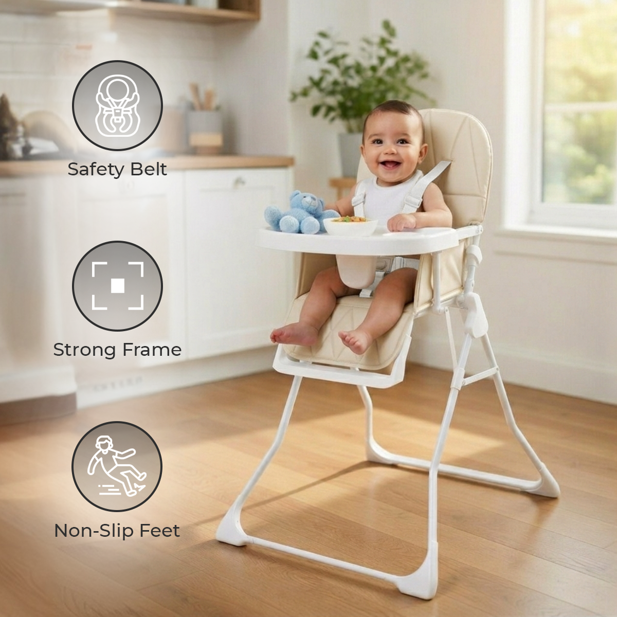 Foldable High Chair for Babies & Toddlers, Ultra-Compact Lightweight Beige - Image 7