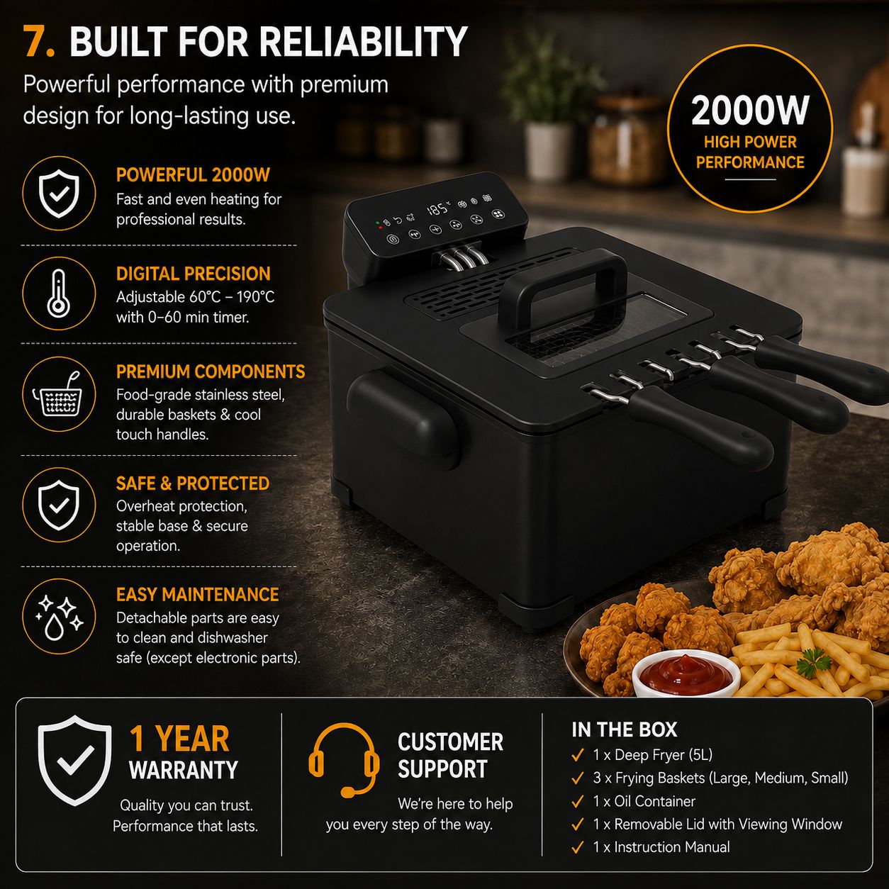 HomeTronix Digital Deep Fat Fryer 5L, 2000W Electric Digital Touch 60-Minute Timer - Image 6