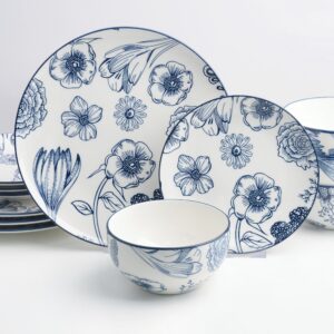 HomeTronix 12 Piece Porcelain Dinner Set for 4, White Dinnerware with Muted Blue Floral Design, 4 Dinner Plates 10.5", Side Plates 7.5" & Deep Bowls 5.5", Microwave, Oven & Dishwasher Safe