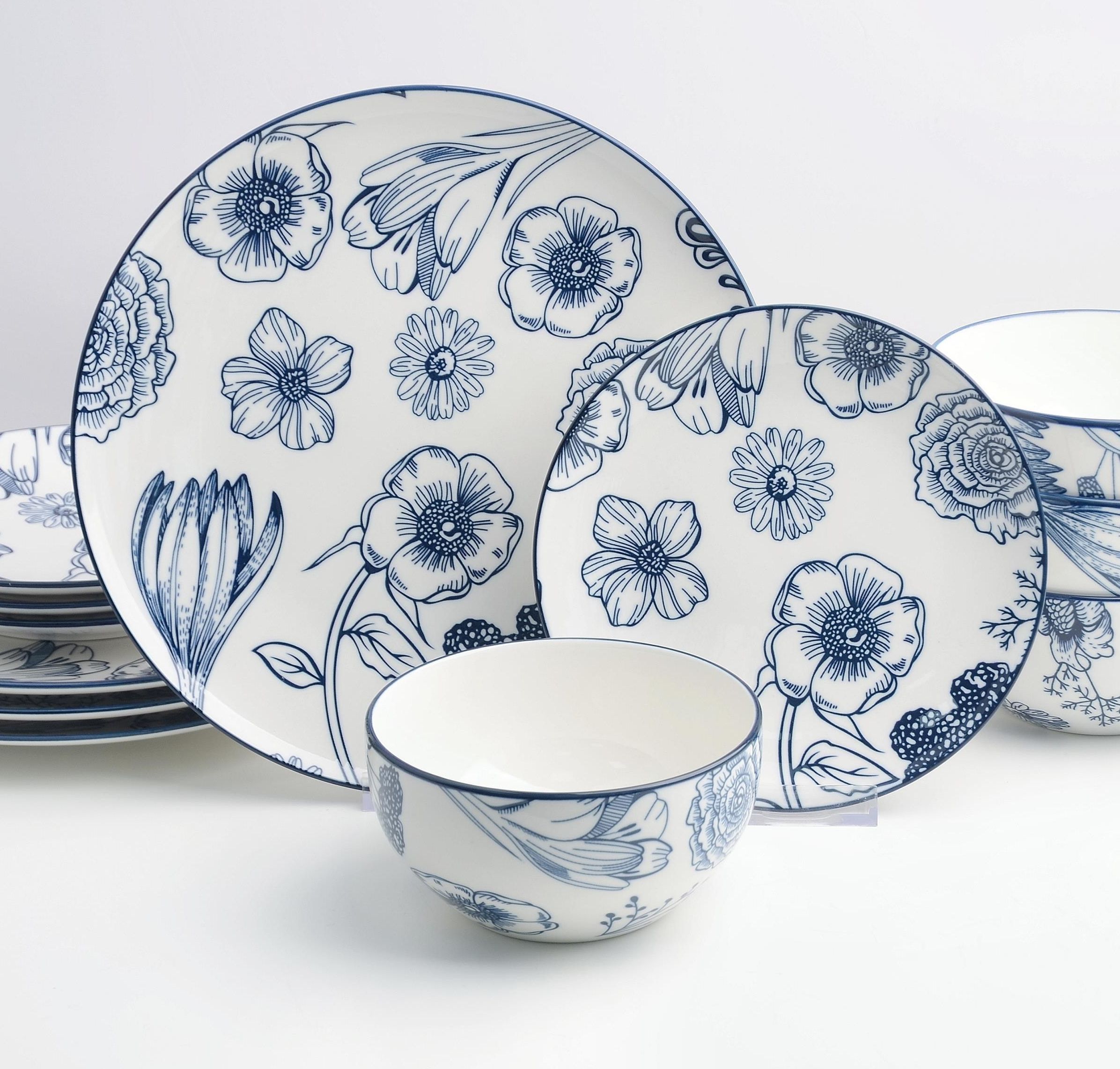 HomeTronix 12 Piece Porcelain Dinner Set for 4, White Dinnerware with Muted Blue Floral Design, 4 Dinner Plates 10.5", Side Plates 7.5" & Deep Bowls 5.5", Microwave, Oven & Dishwasher Safe