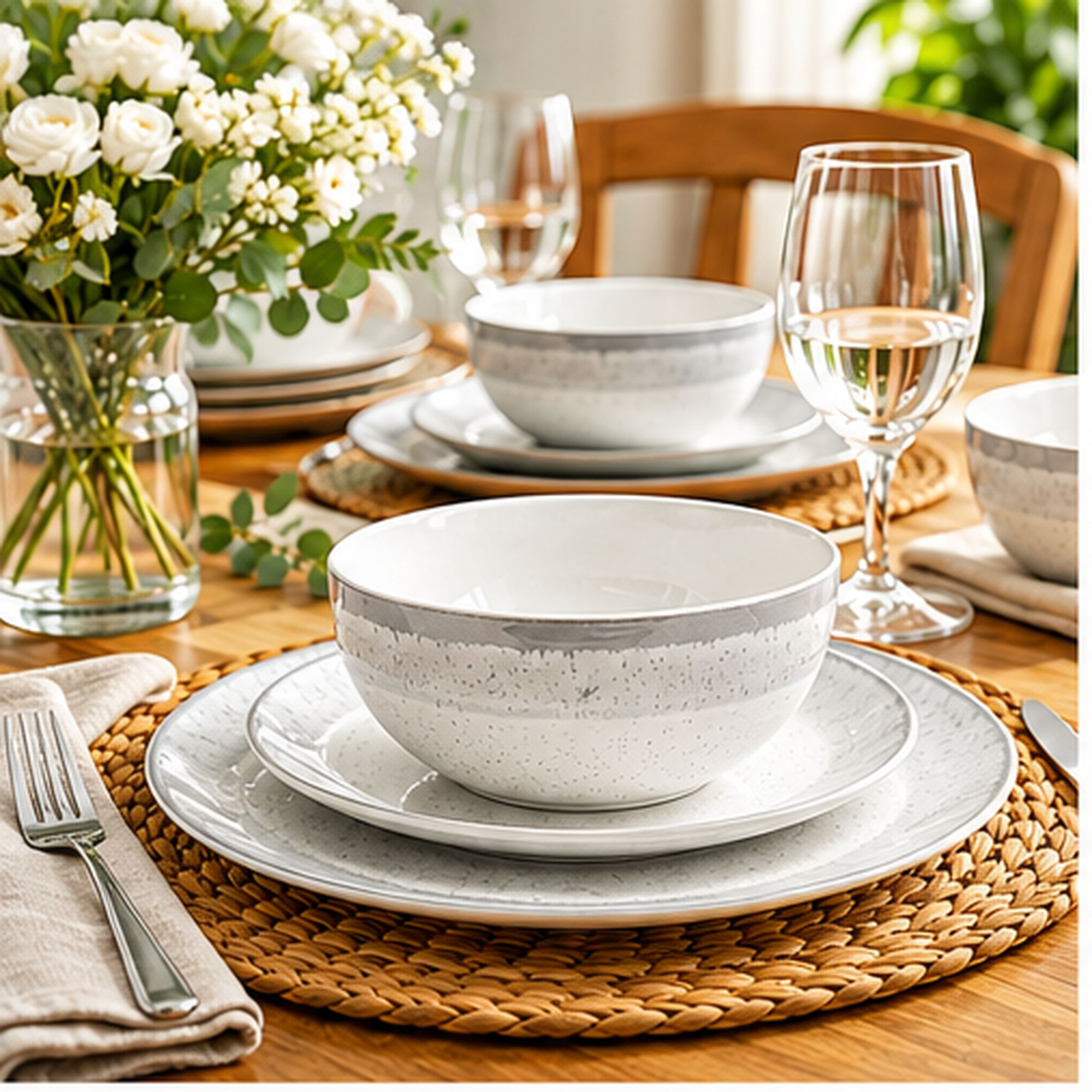 HomeTronix 12 Piece Porcelain Dinner Set for 4, Dinnerware Set with 4 Dinner Plates 10.5", Side Plates 7.5" & Deep Bowls 5.5", Grey Speckled Glaze, Ribbed Rim, Microwave, Oven & Dishwasher Safe - Image 7