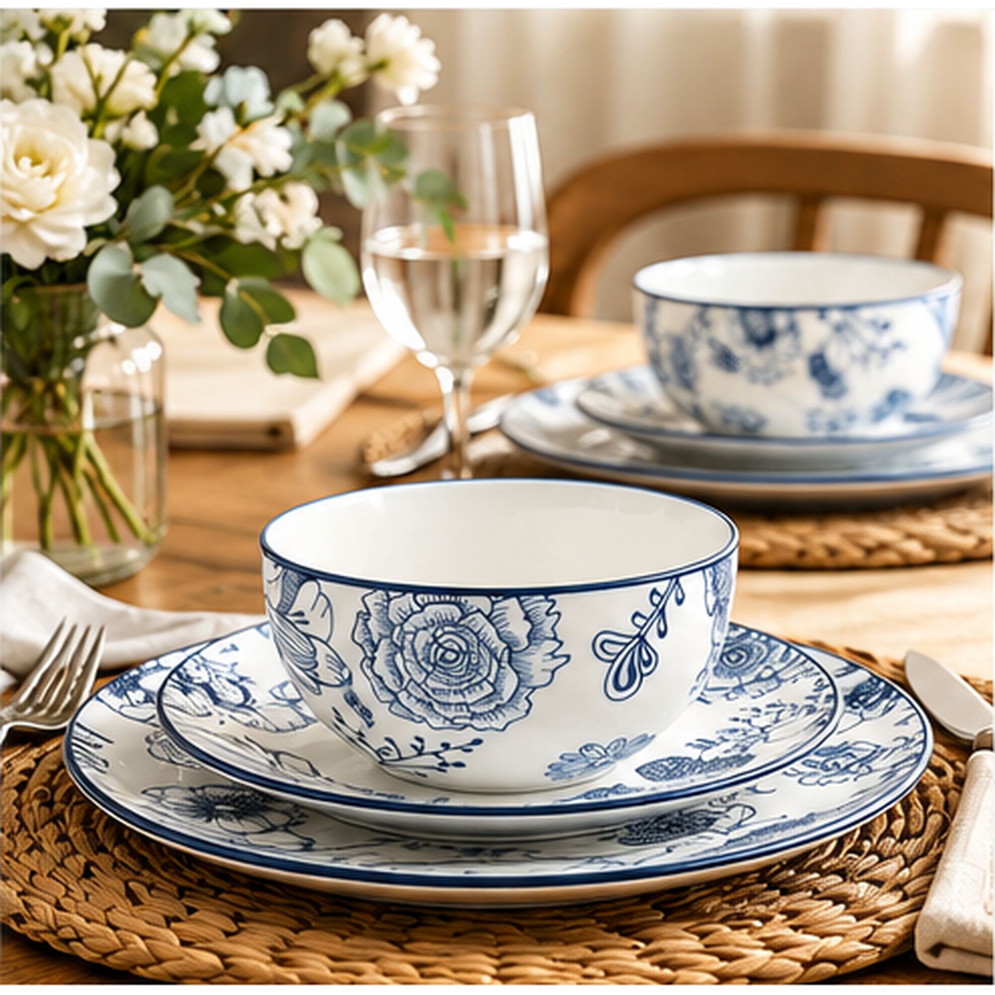 HomeTronix 12 Piece Porcelain Dinner Set for 4, White Dinnerware with Muted Blue Floral Design, 4 Dinner Plates 10.5", Side Plates 7.5" & Deep Bowls 5.5", Microwave, Oven & Dishwasher Safe - Image 7