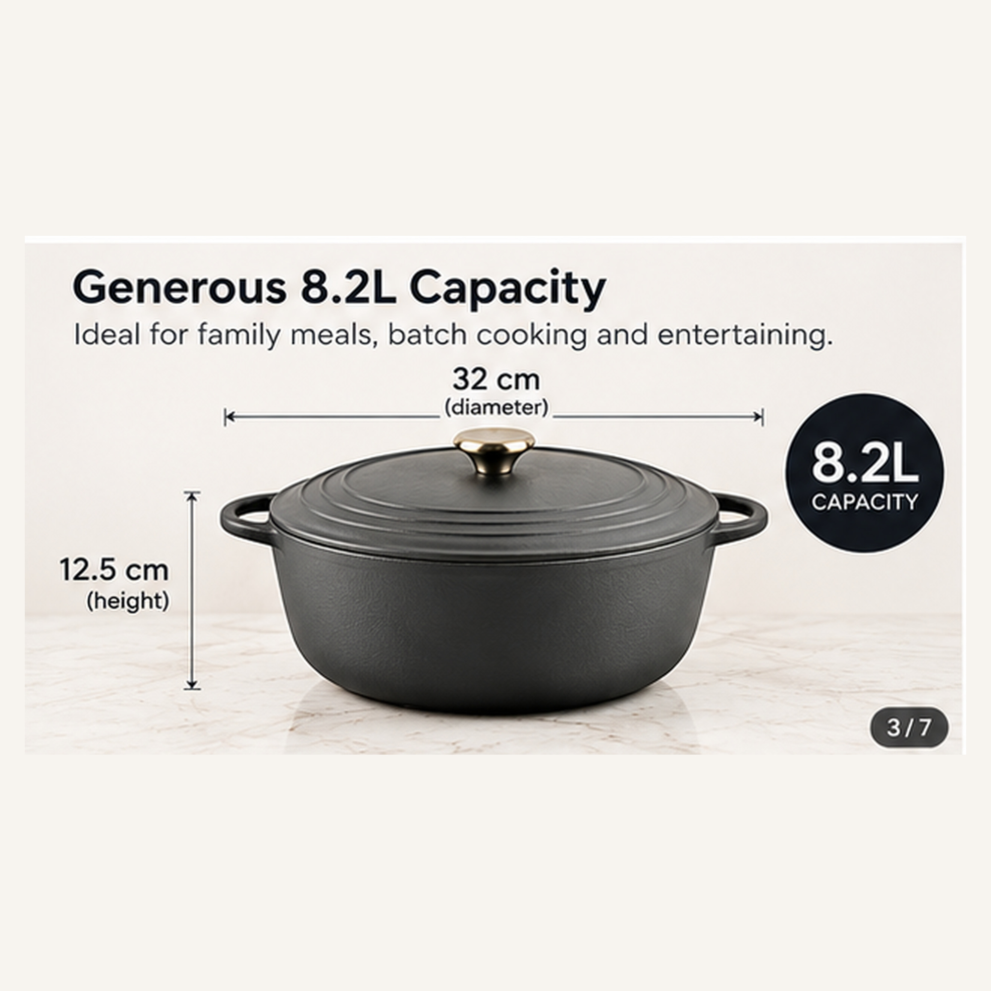 HomeTronix Enamelled Cast Iron Dutch Oven Pot with Lid – 8.2L Large Casserole Dish – Ceramic Cooking Pot for Bread Baking, Roasting, Braising, Slow Cooking & Stews – 32cm Black Safe up to 260°C - Image 6