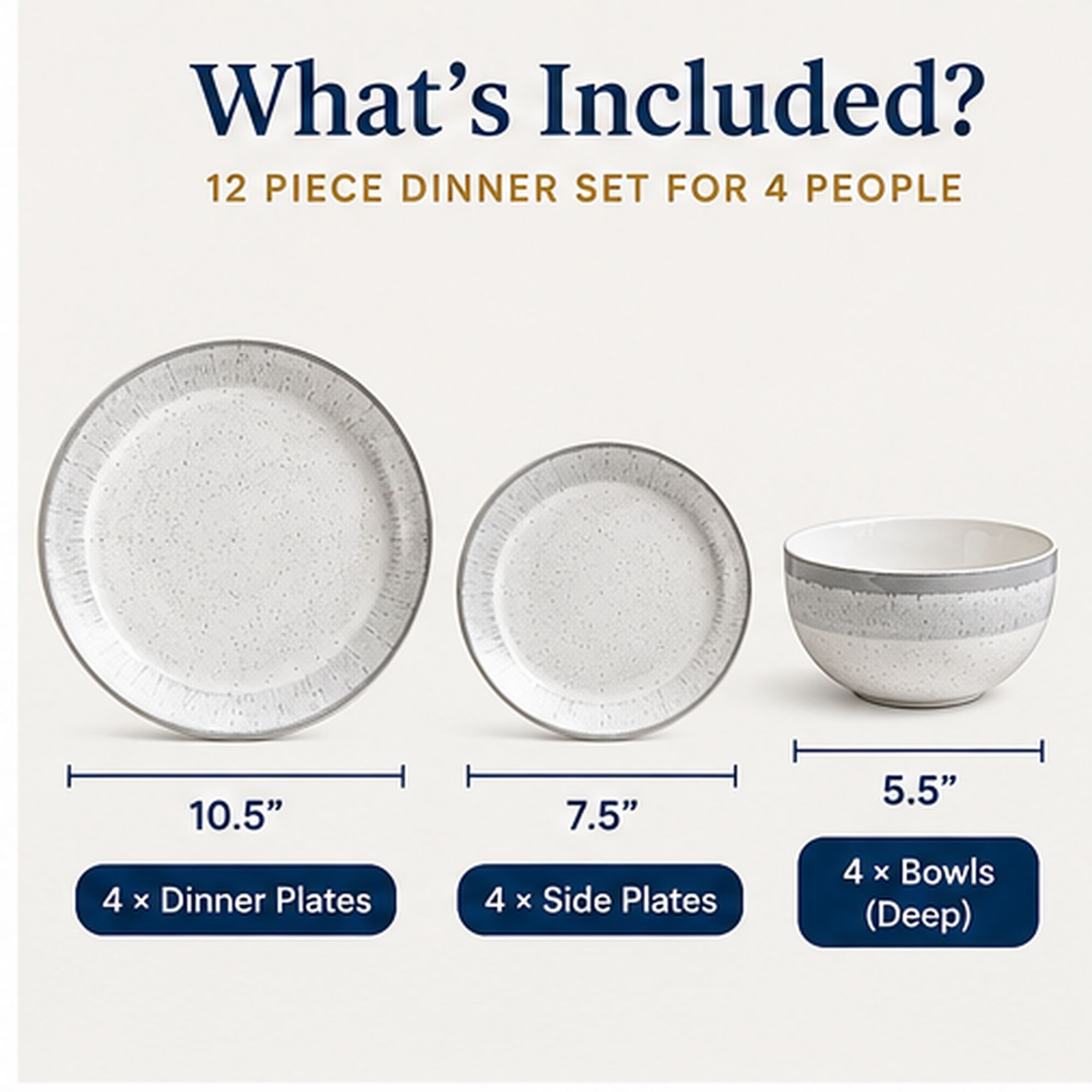 HomeTronix 12 Piece Porcelain Dinner Set for 4, Dinnerware Set with 4 Dinner Plates 10.5", Side Plates 7.5" & Deep Bowls 5.5", Grey Speckled Glaze, Ribbed Rim, Microwave, Oven & Dishwasher Safe - Image 5