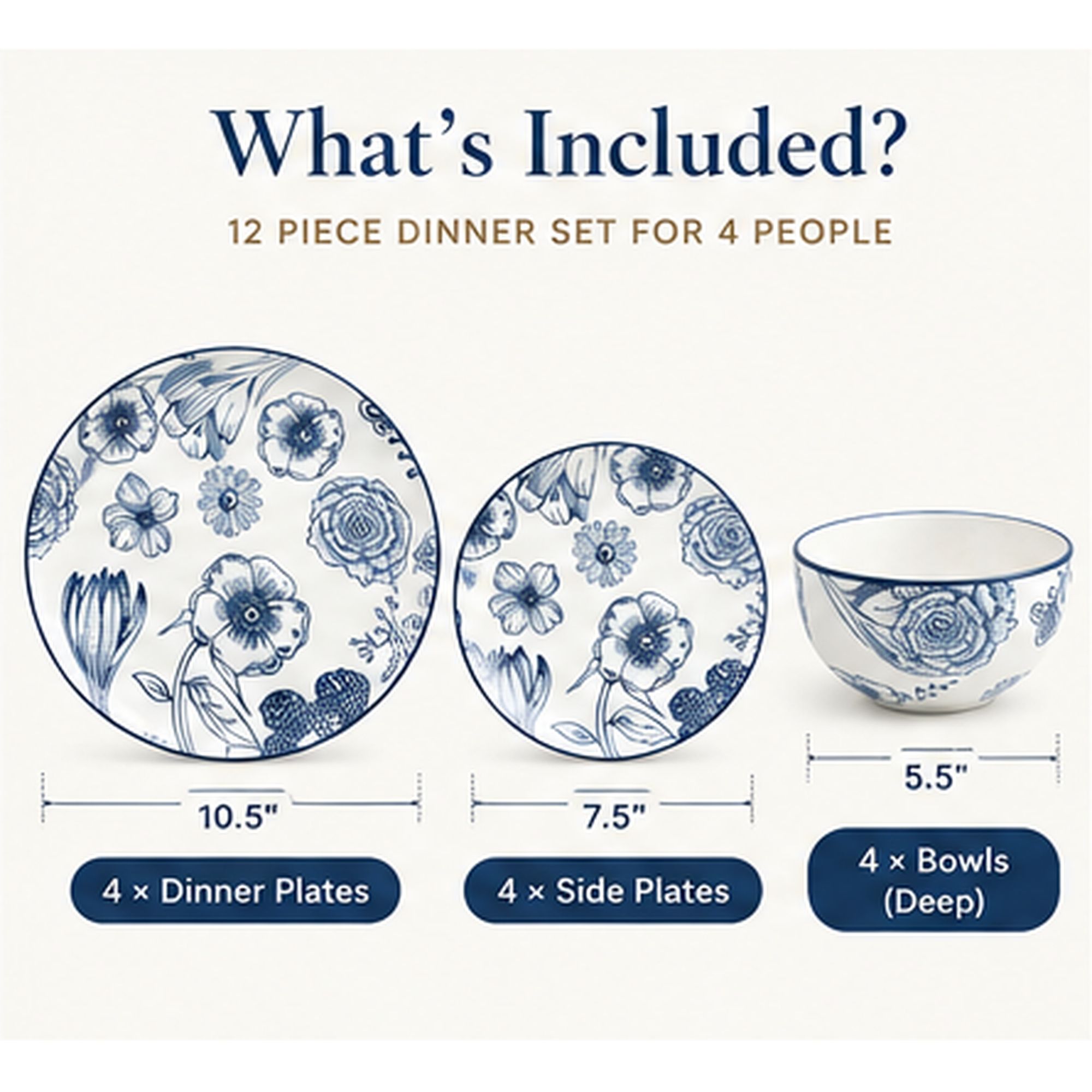 HomeTronix 12 Piece Porcelain Dinner Set for 4, White Dinnerware with Muted Blue Floral Design, 4 Dinner Plates 10.5", Side Plates 7.5" & Deep Bowls 5.5", Microwave, Oven & Dishwasher Safe - Image 5