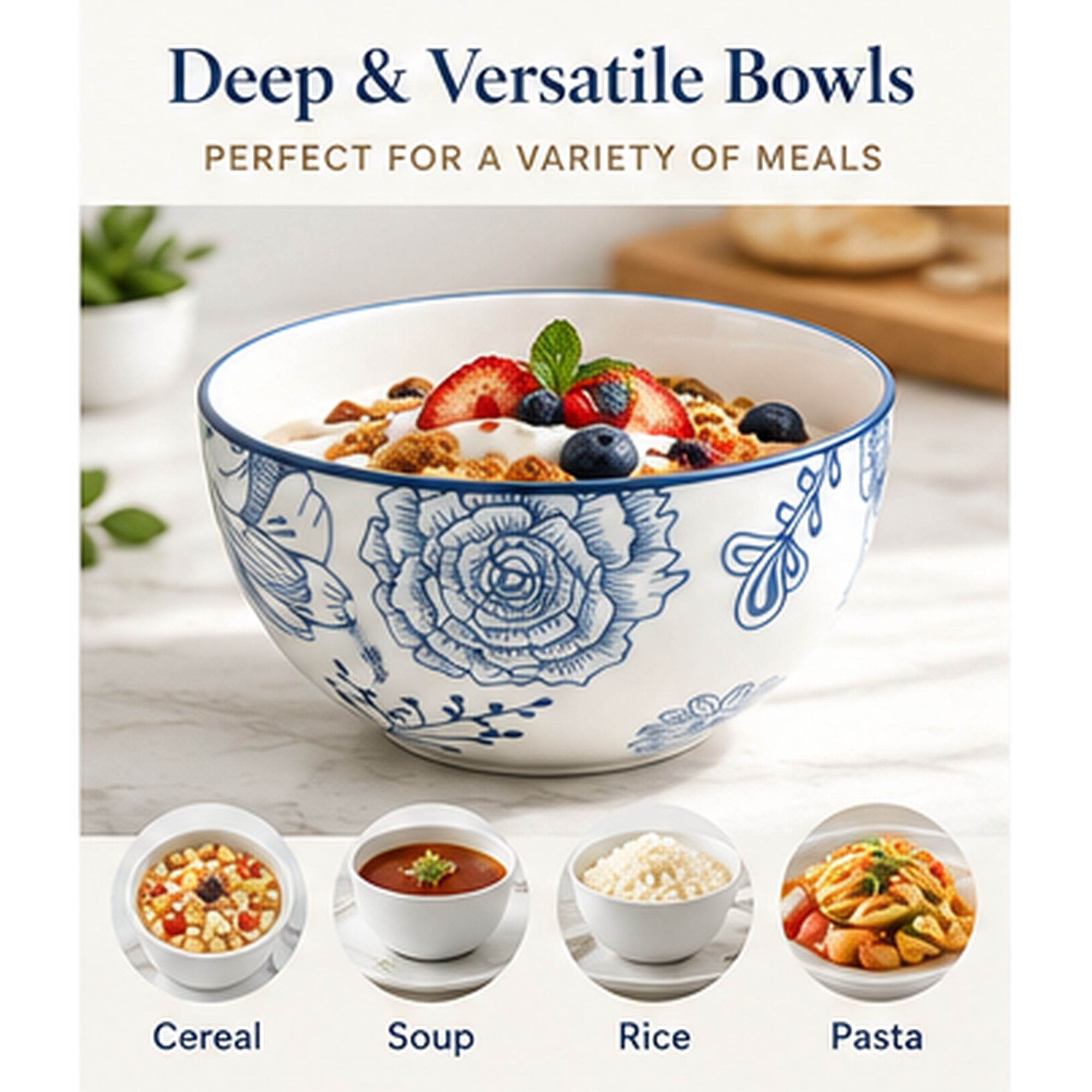 HomeTronix 12 Piece Porcelain Dinner Set for 4, White Dinnerware with Muted Blue Floral Design, 4 Dinner Plates 10.5", Side Plates 7.5" & Deep Bowls 5.5", Microwave, Oven & Dishwasher Safe - Image 3