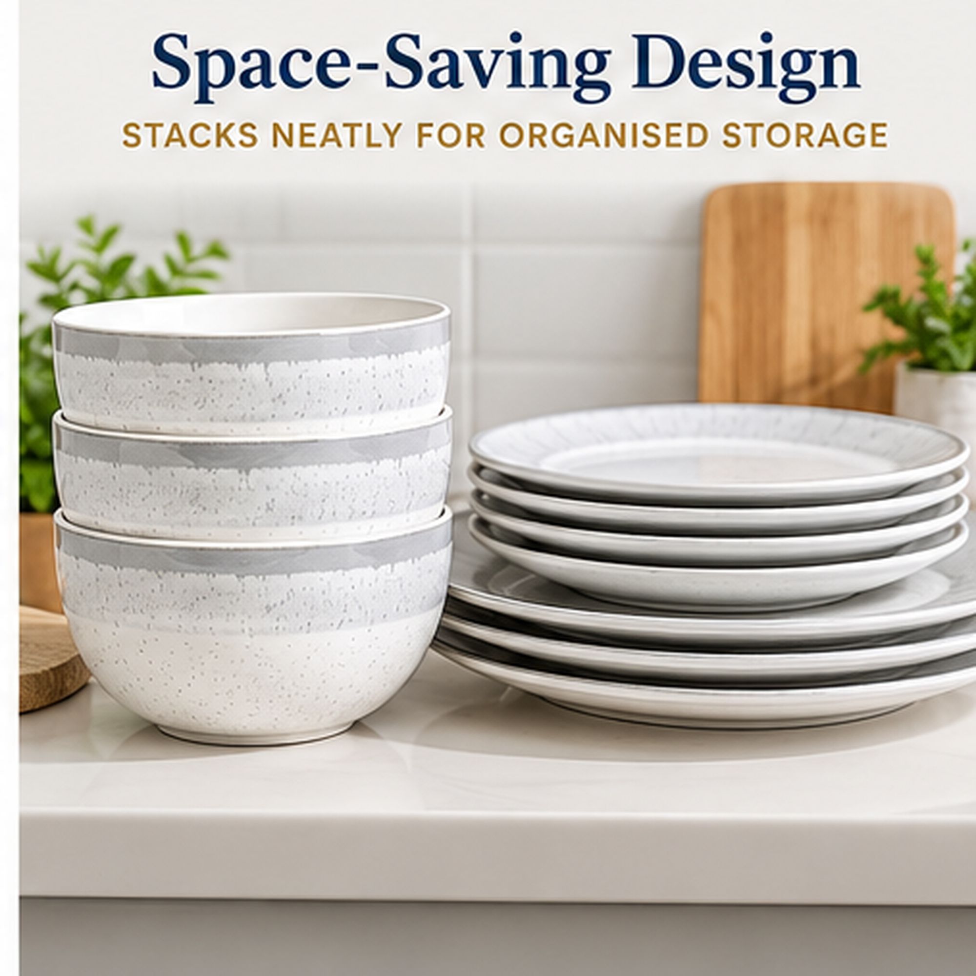HomeTronix 12 Piece Porcelain Dinner Set for 4, Dinnerware Set with 4 Dinner Plates 10.5", Side Plates 7.5" & Deep Bowls 5.5", Grey Speckled Glaze, Ribbed Rim, Microwave, Oven & Dishwasher Safe - Image 2