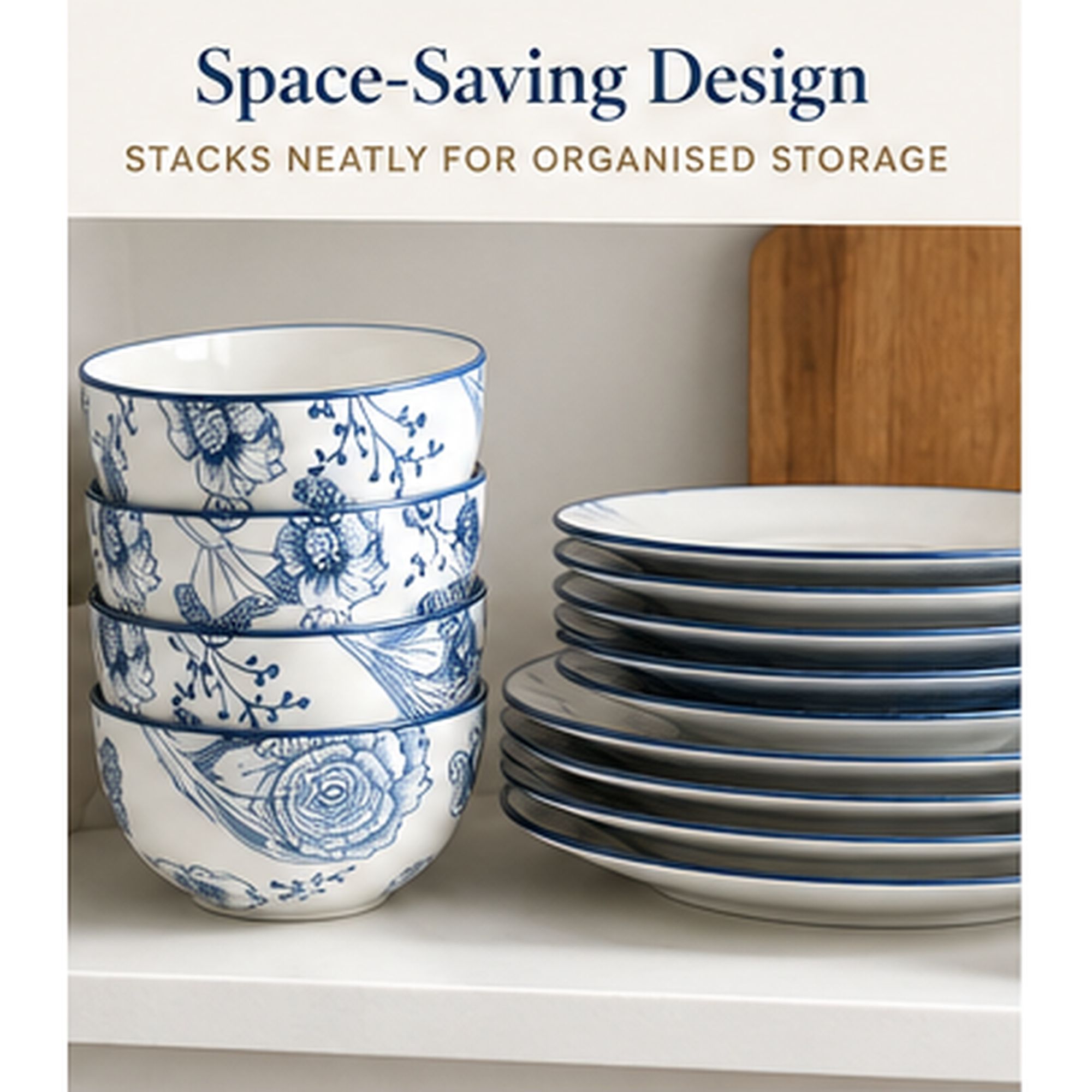 HomeTronix 12 Piece Porcelain Dinner Set for 4, White Dinnerware with Muted Blue Floral Design, 4 Dinner Plates 10.5", Side Plates 7.5" & Deep Bowls 5.5", Microwave, Oven & Dishwasher Safe - Image 2