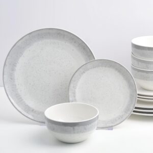 HomeTronix 12 Piece Porcelain Dinner Set for 4, Dinnerware Set with 4 Dinner Plates 10.5", Side Plates 7.5" & Deep Bowls 5.5", Grey Speckled Glaze, Ribbed Rim, Microwave, Oven & Dishwasher Safe