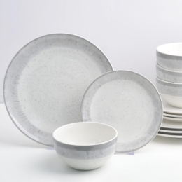 HomeTronix 12 Piece Porcelain Dinner Set for 4, Dinnerware Set with 4 Dinner Plates 10.5″, Side Plates 7.5″ & Deep Bowls 5.5″, Grey Speckled Glaze, Ribbed Rim, Microwave, Oven & Dishwasher Safe